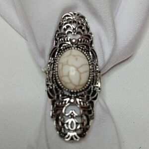 Large White Crackle Stone & Silver Jewelry Ring